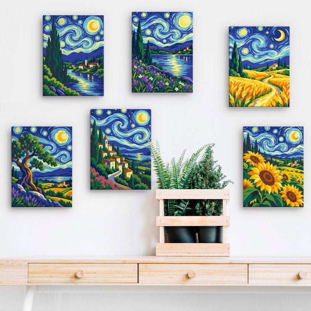 Starry Night Dreams mini paintings displayed on a wall