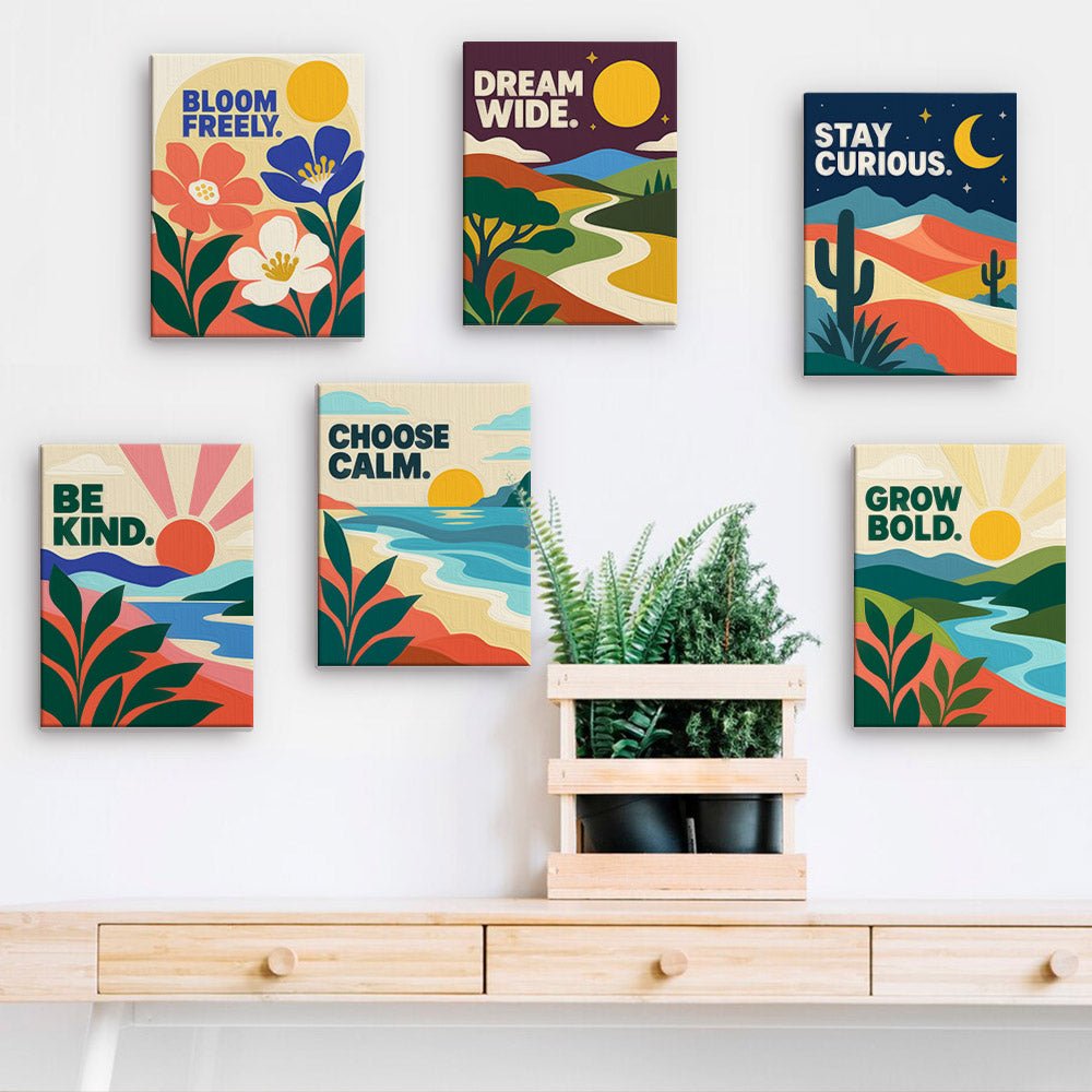 Stay Curious Quotes mini paintings displayed on a wall