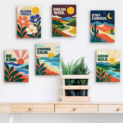 Stay Curious Quotes mini paintings displayed on a wall