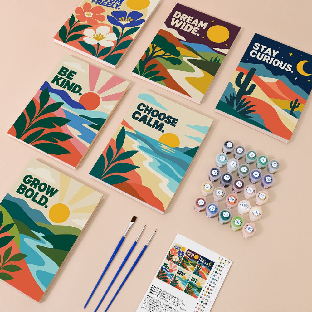 Everything in the Stay Curious Quotes mini painting kit