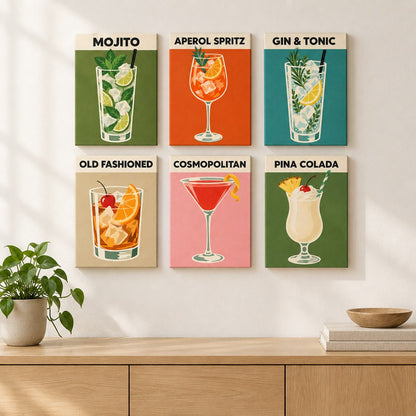 Summer Sip Series mini paintings displayed on a wall
