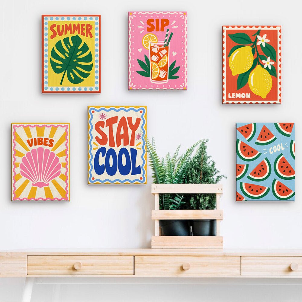 Summer Vibes mini paintings displayed on a wall