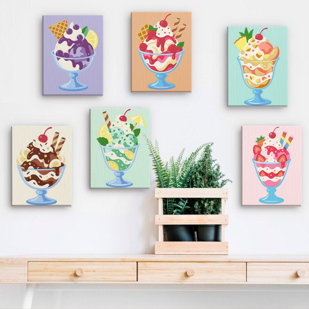 Sundae Parlor mini paintings displayed on a wall