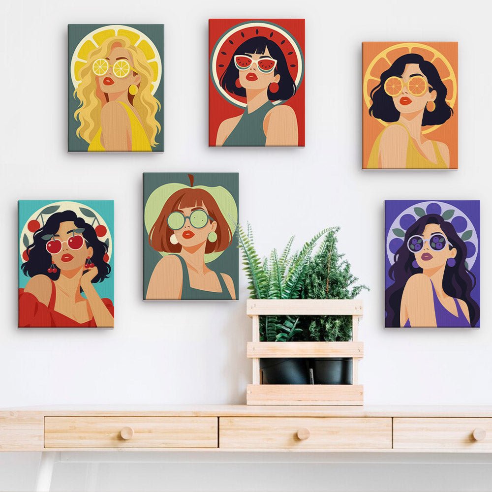 Sunglasses Divas mini paintings displayed on a wall