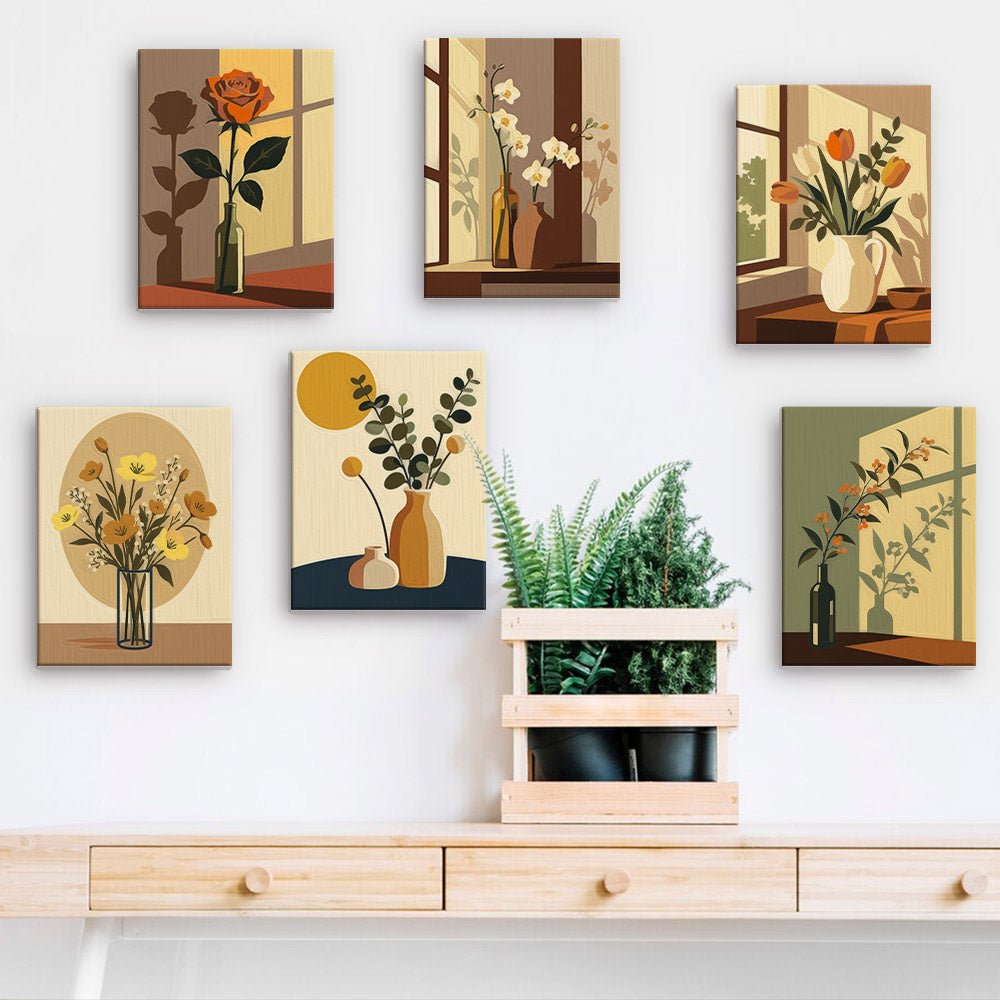 Sunlit Shadows mini paintings displayed on a wall