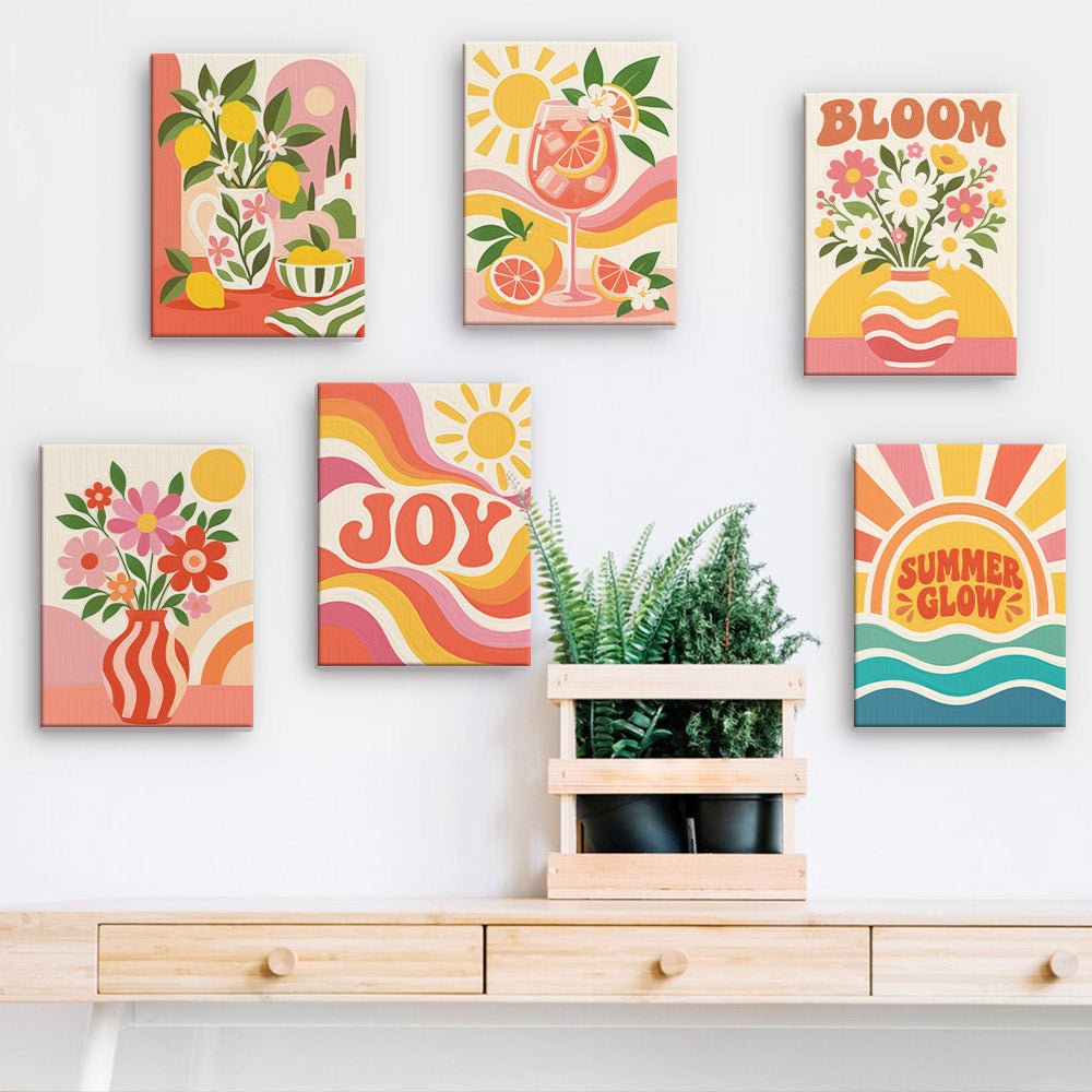 Sunny Joy mini paintings displayed on a wall