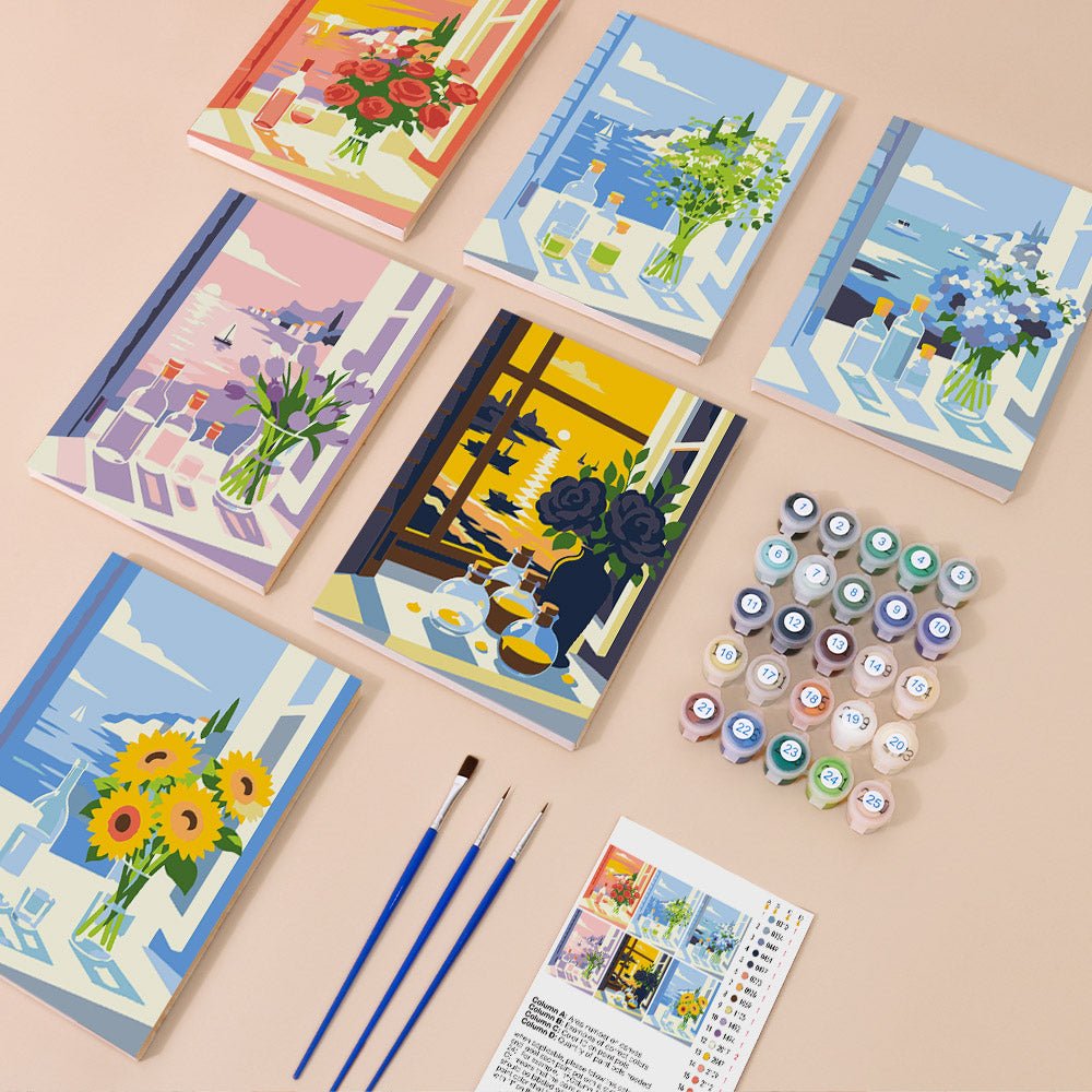 Everything in the Sunny Window Blooms mini painting kit
