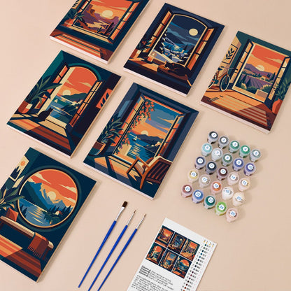 Everything in the Sunset Windows mini painting kit