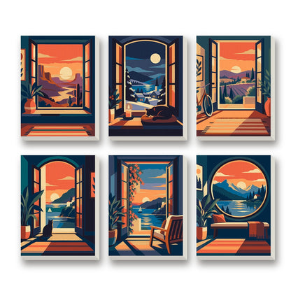 Sunset Windows – set of 6 mini paint by numbers canvases
