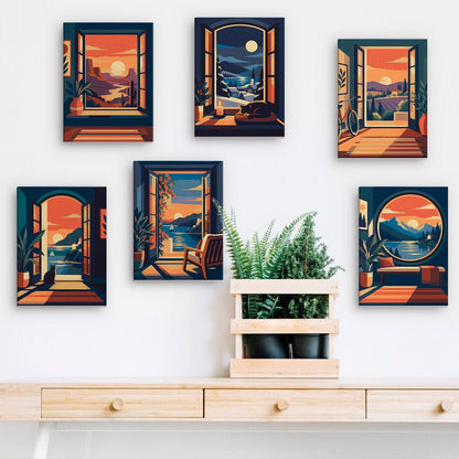 Sunset Windows mini paintings displayed on a wall