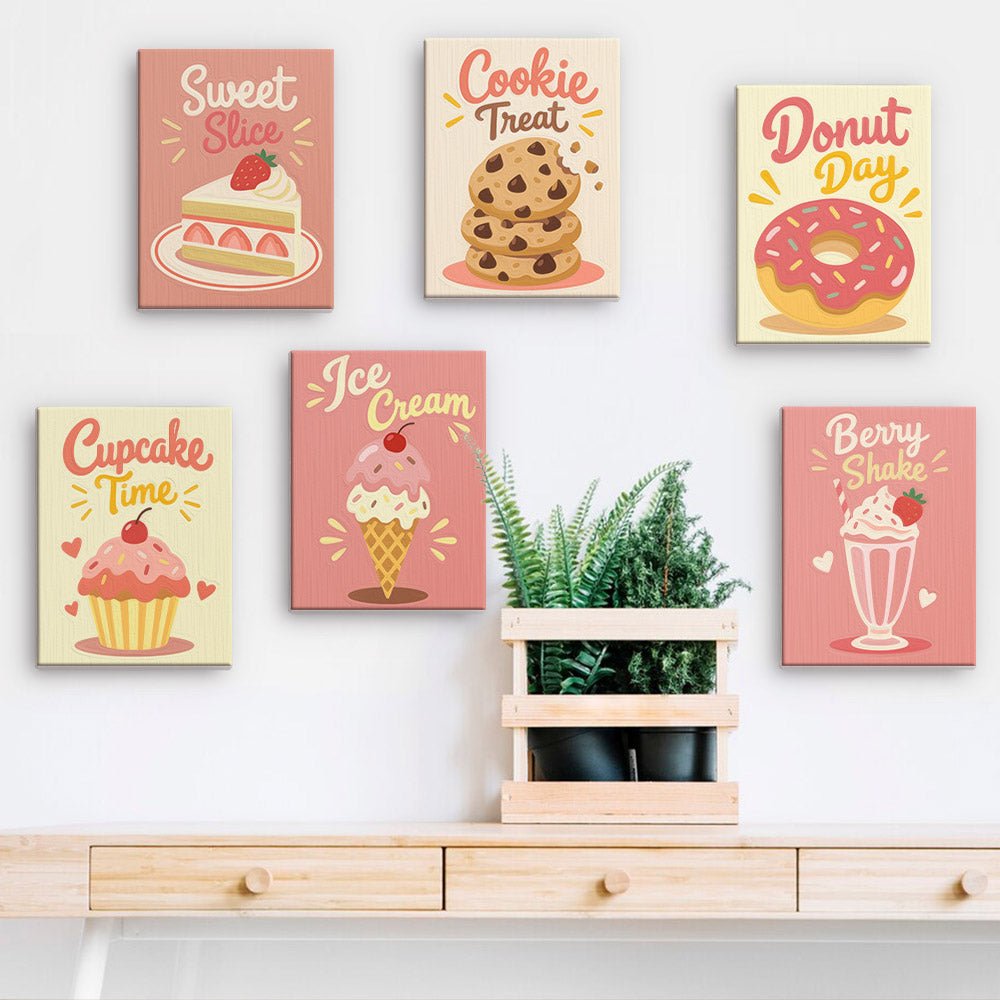 Sweet Bakery mini paintings displayed on a wall