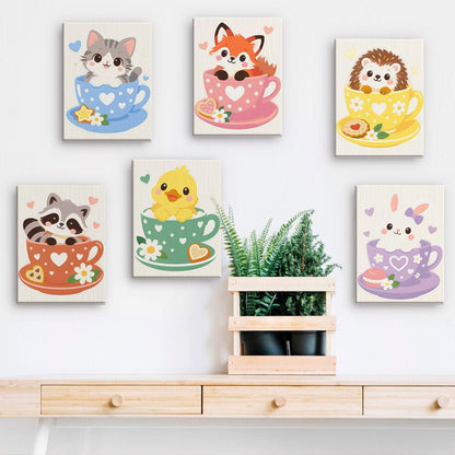 Teacup Pets mini paintings displayed on a wall