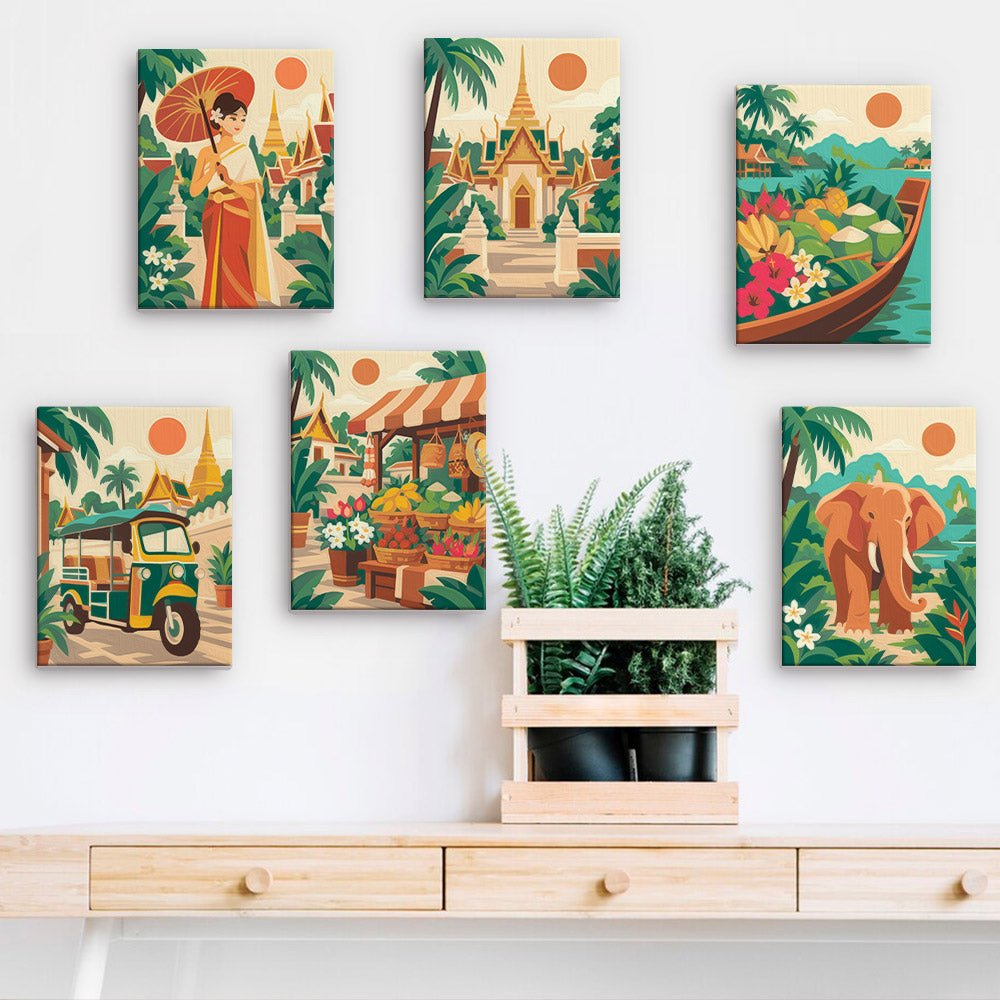 Thailand Escape mini paintings displayed on a wall