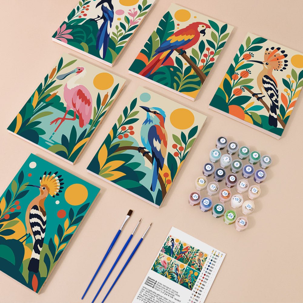 Everything in the Tropical Birds mini painting kit