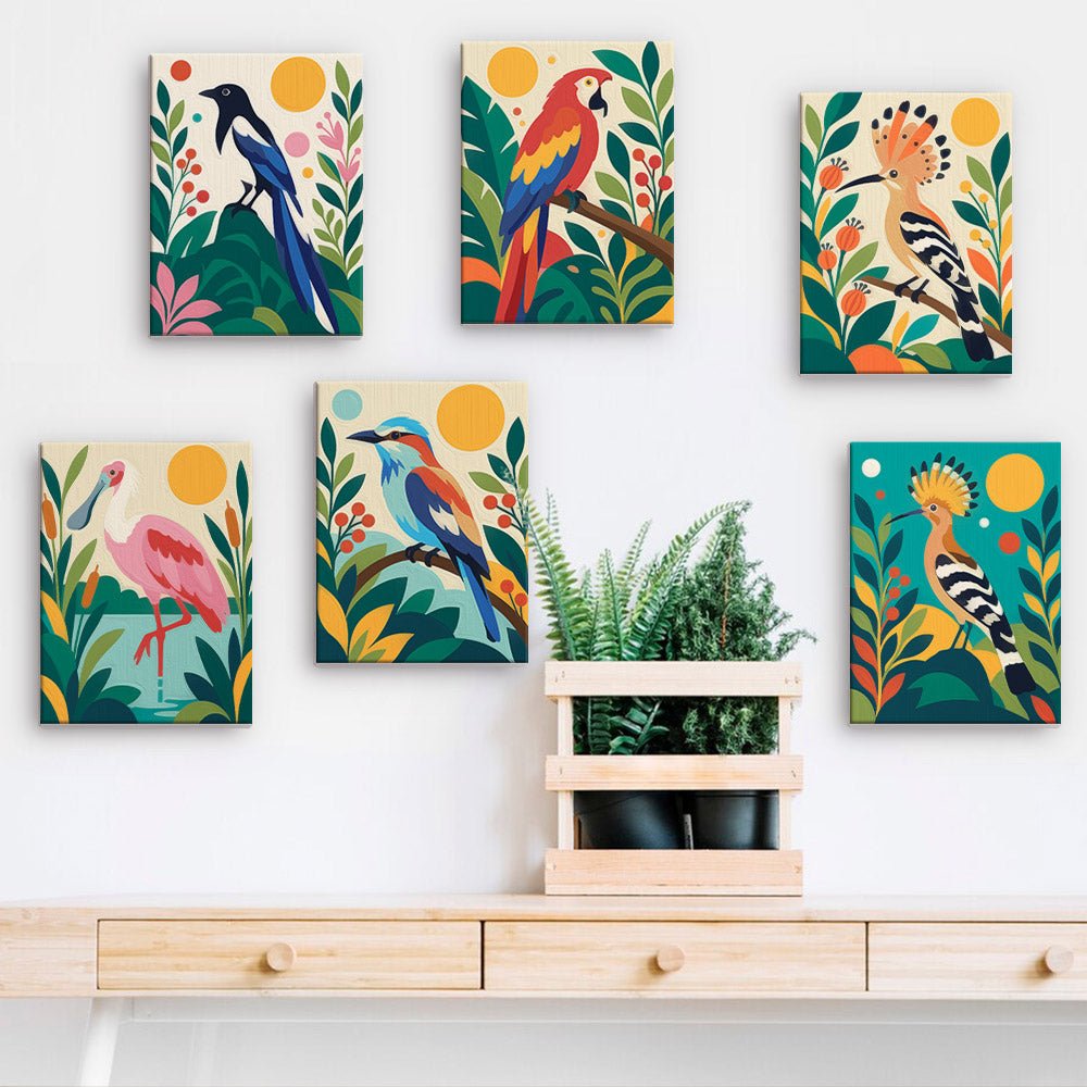 Tropical Birds mini paintings displayed on a wall