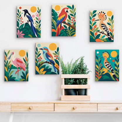 Tropical Birds mini paintings displayed on a wall