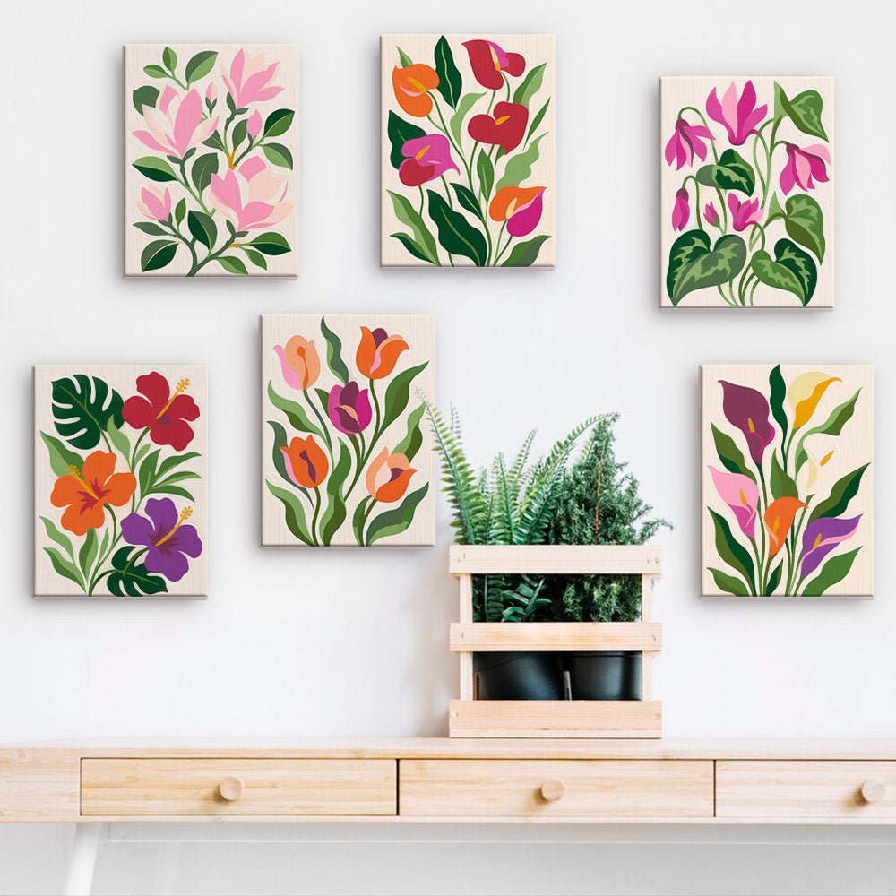 Tropical Blossoms mini paintings displayed on a wall