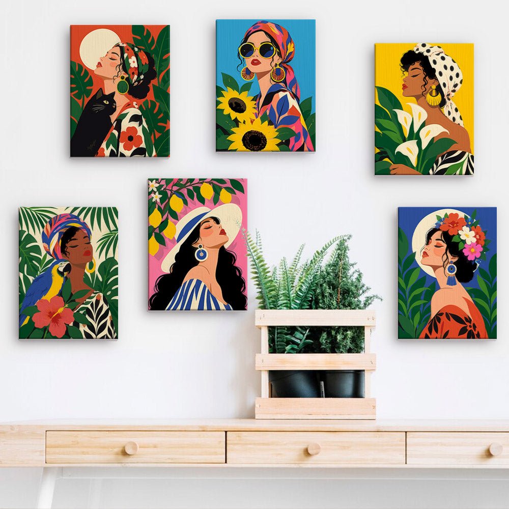 Tropical Portraits mini paintings displayed on a wall