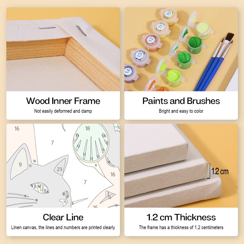 Wood inner frame, paints and brushes, clear lines, 1.2 cm thickness
