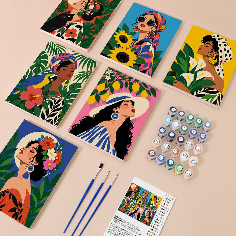Everything in the Tropical Portraits mini painting kit
