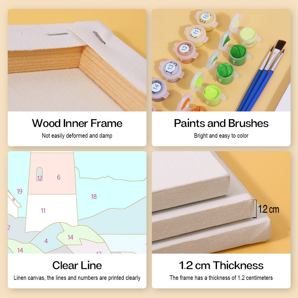 Wood inner frame, paints and brushes, clear lines, 1.2 cm thickness
