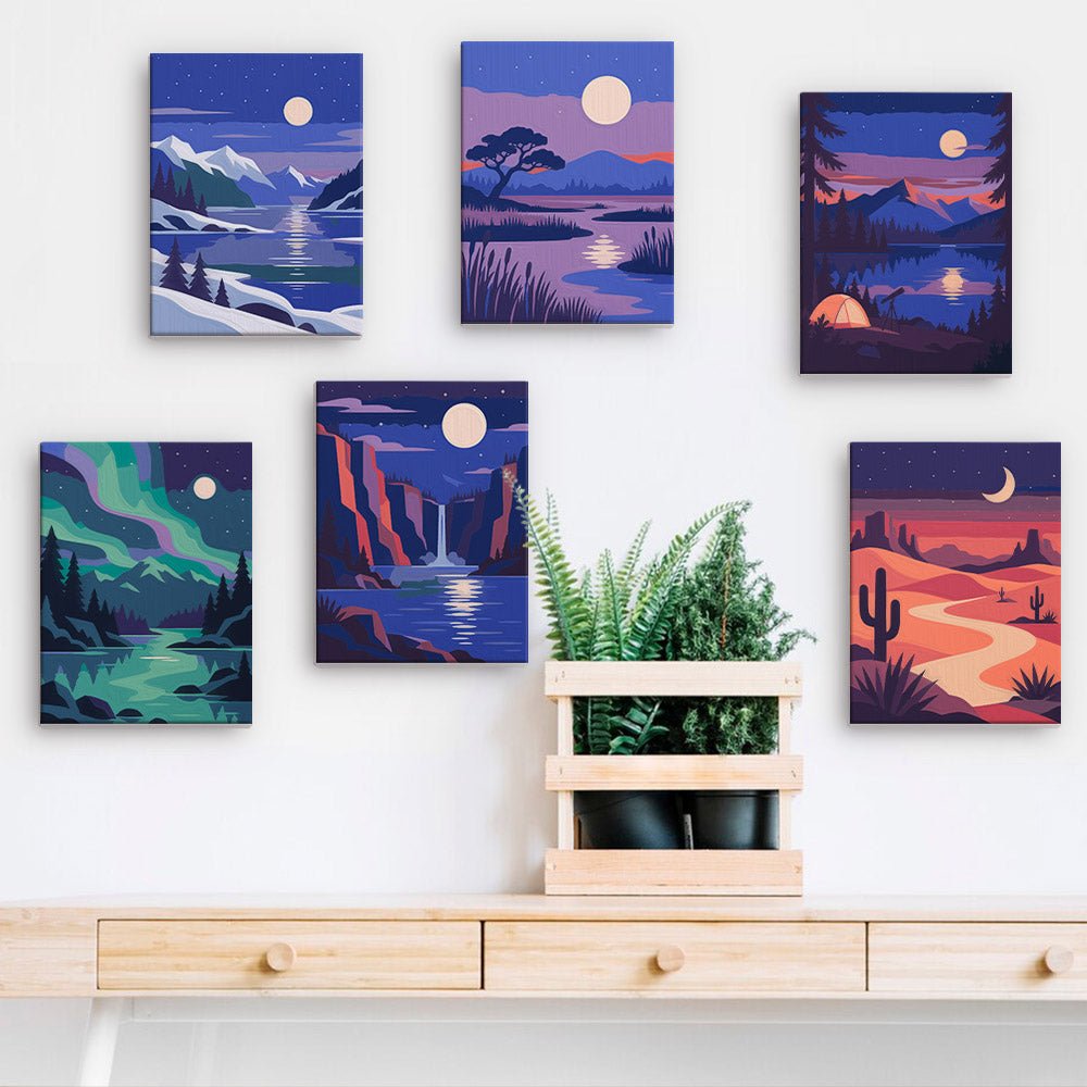 Twilight Purple Skies mini paintings displayed on a wall