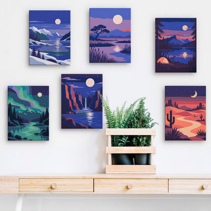Twilight Purple Skies mini paintings displayed on a wall