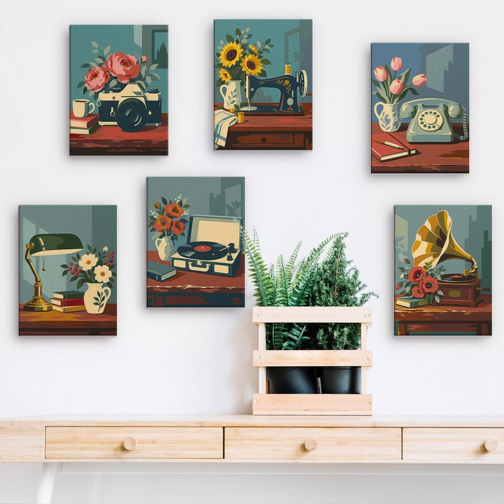 Vintage Keepsakes mini paintings displayed on a wall