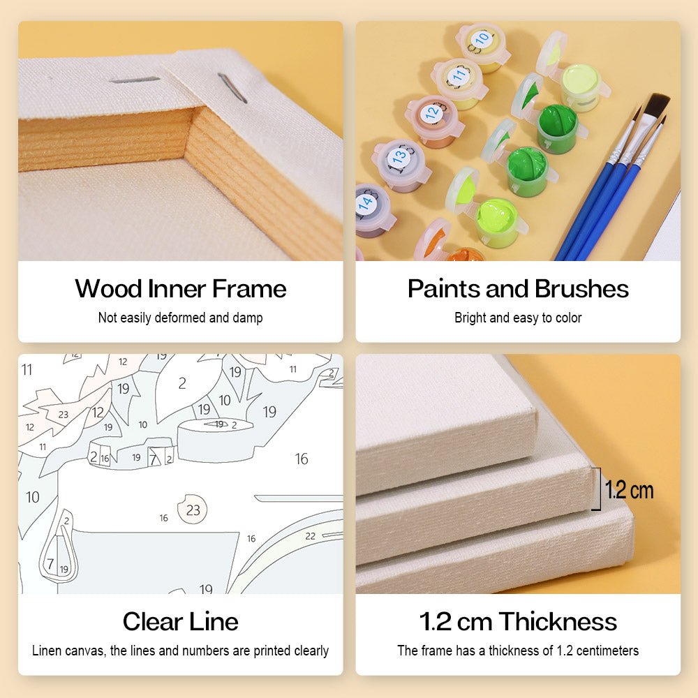 Wood inner frame, paints and brushes, clear lines, 1.2 cm thickness