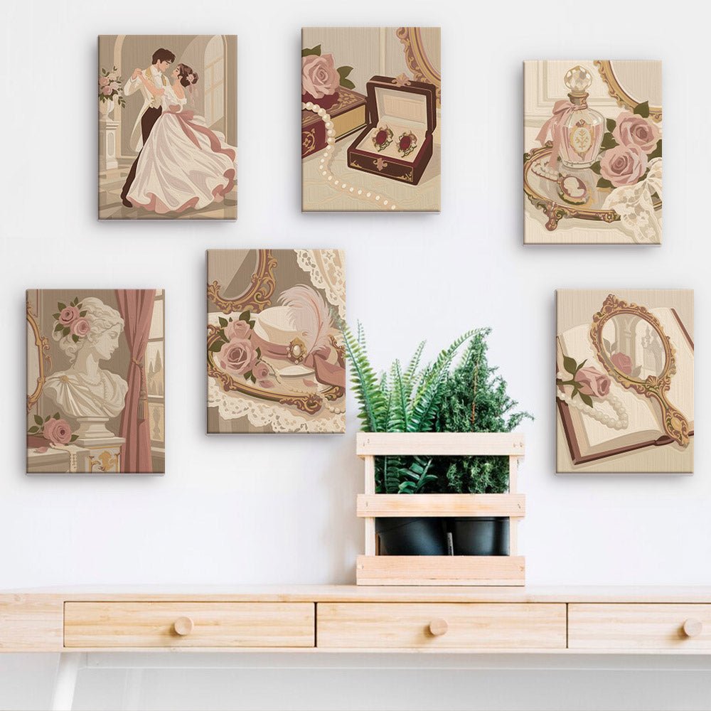 Vintage Romance mini paintings displayed on a wall