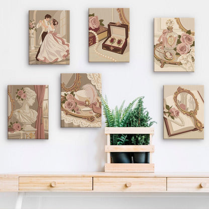 Vintage Romance mini paintings displayed on a wall