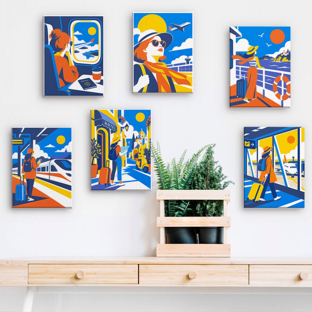 Wanderlust Journeys mini paintings displayed on a wall