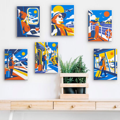 Wanderlust Journeys mini paintings displayed on a wall