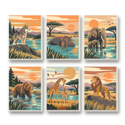 Wild Sunset Animals – set of 6 mini paint by numbers canvases