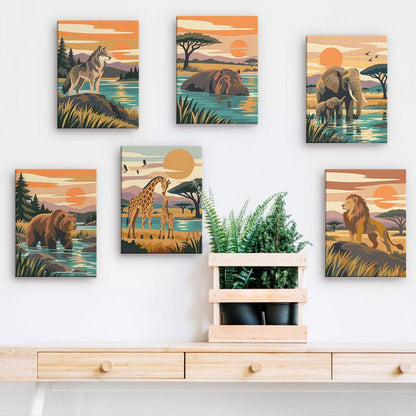 Wild Sunset Animals mini paintings displayed on a wall