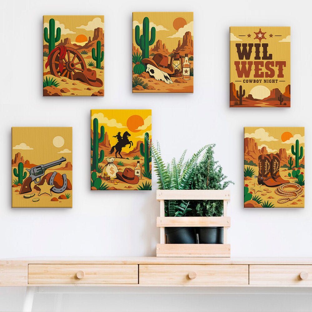 Wild West mini paintings displayed on a wall