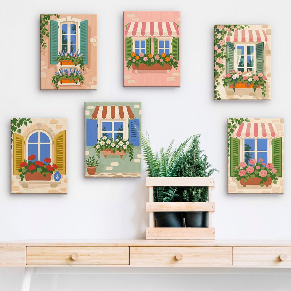 Window Boxes mini paintings displayed on a wall