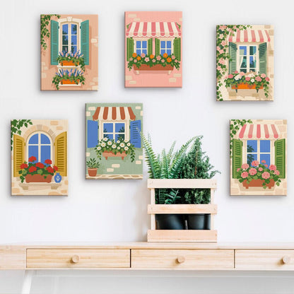 Window Boxes mini paintings displayed on a wall