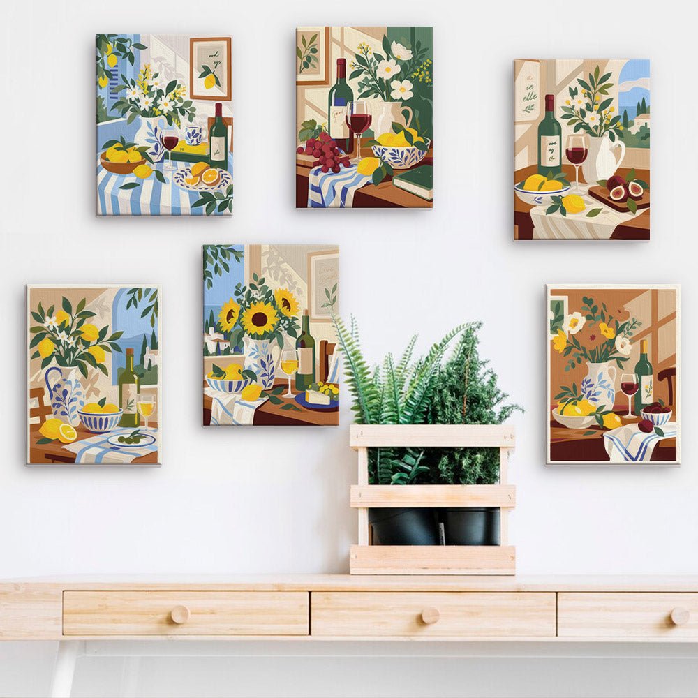 Wine and Lemons mini paintings displayed on a wall