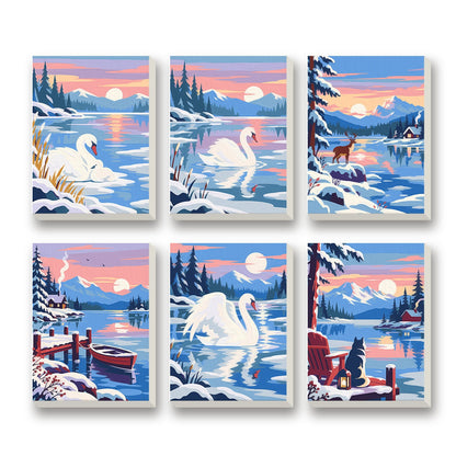 Winter Swan Lake – set of 6 mini paint by numbers canvases