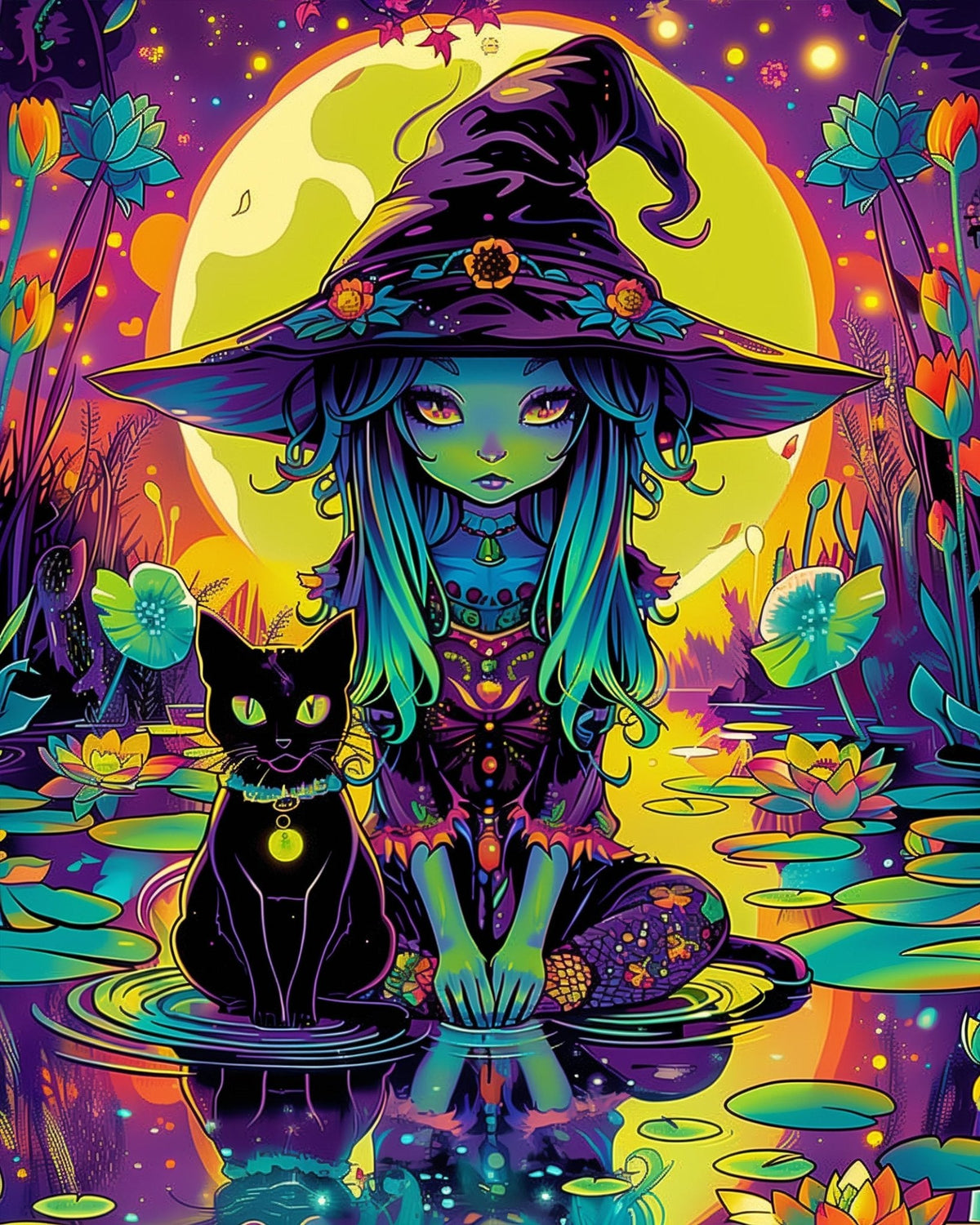 Witch and Cat Under Moon - Halloween - Judy Paint