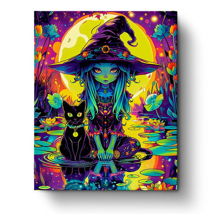 Witch and Cat Under Moon - Halloween - Judy Paint