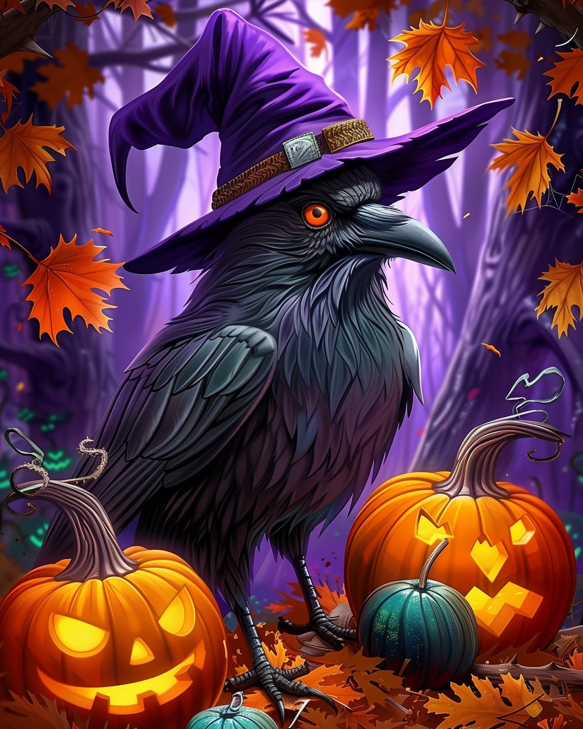 Witchy Raven and Pumpkins - Halloween - Judy Paint